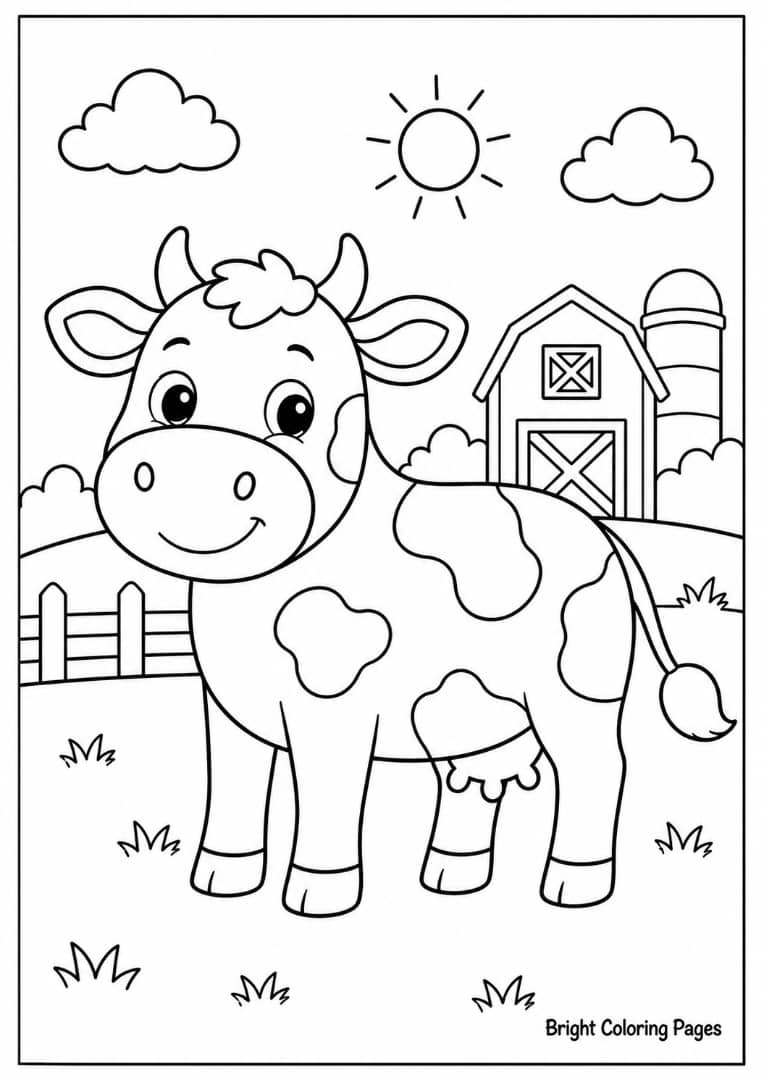 Friendly cow coloring page for preschoolers