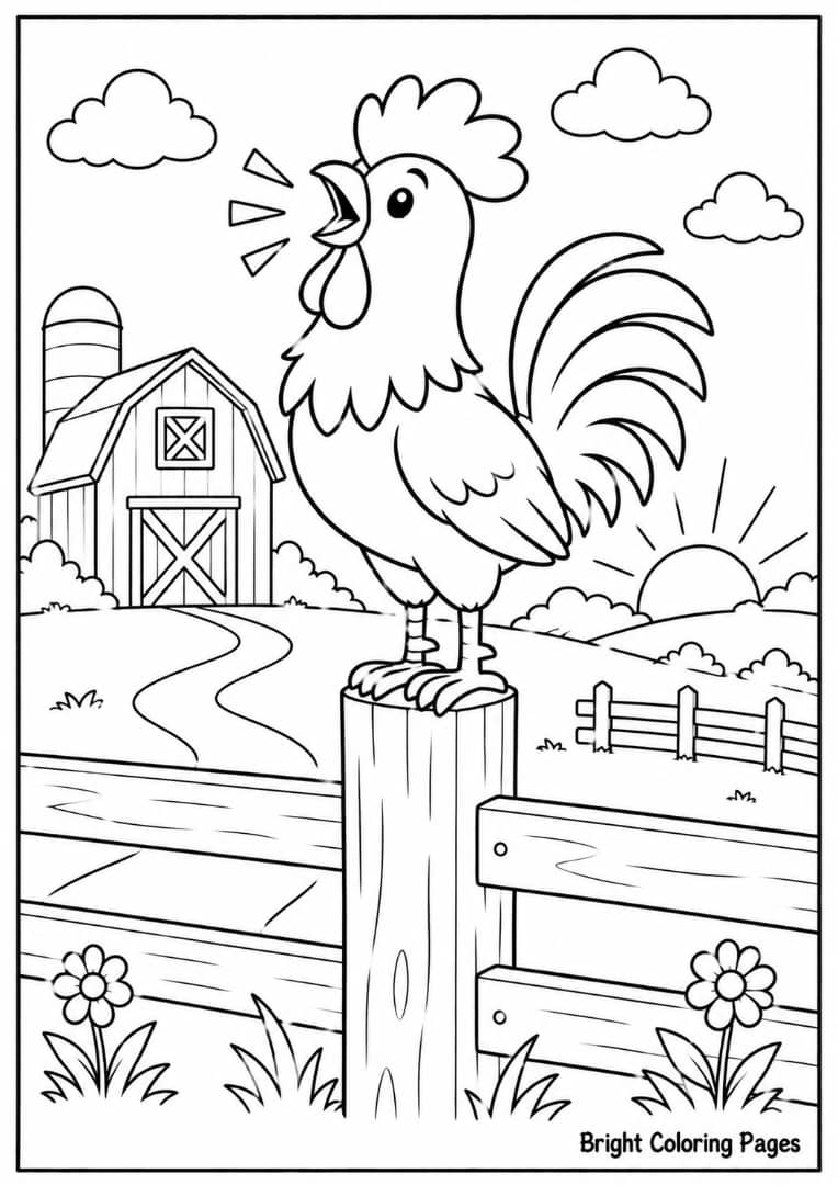 Rooster Crowing – A bright rooster on a fence post.