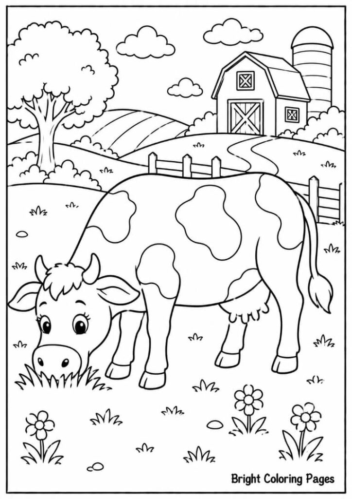 Cow Eating Grass – A grazing cow with a happy face coloring page 