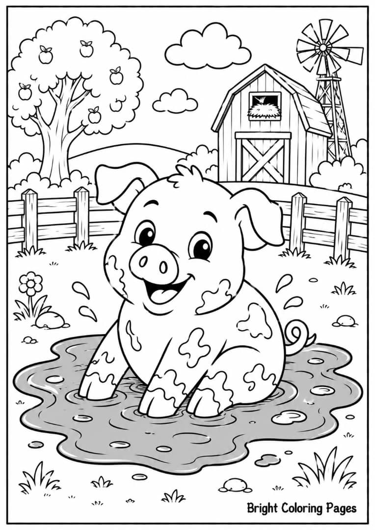Pig in Mud – A pig enjoying a muddy puddle.