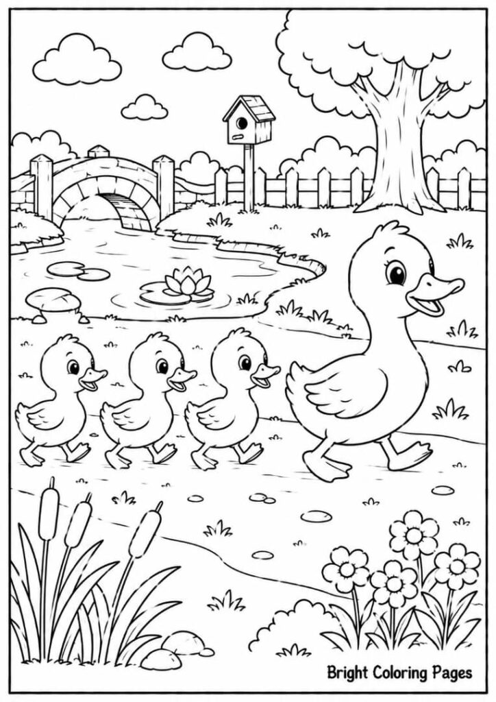 Ducklings in a Row – A little line of baby ducks free coloring pages