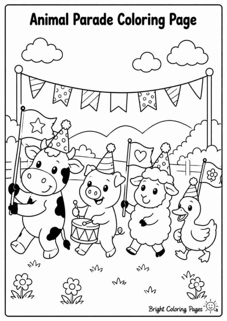 All About the Farm – A big collection page with many animals to color.