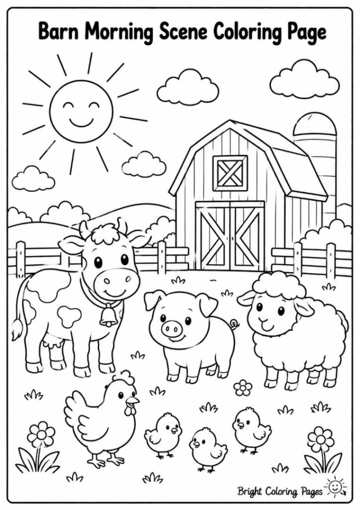 Barn Morning Scene – Sun, barn, and friendly farm animals.