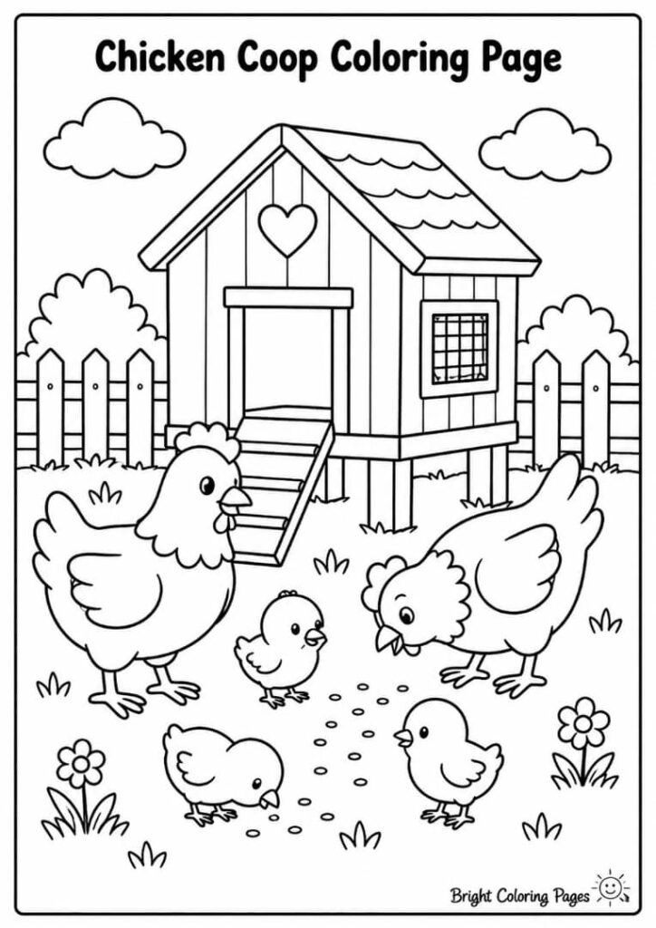 Chicken Coop – Hens and chicks near a cozy coop.