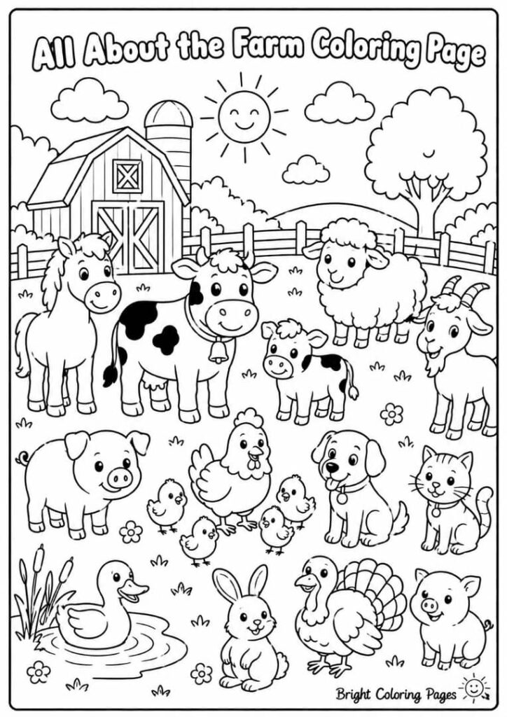 Farmyard Scene – Several animals together in one picture. Free coloring page