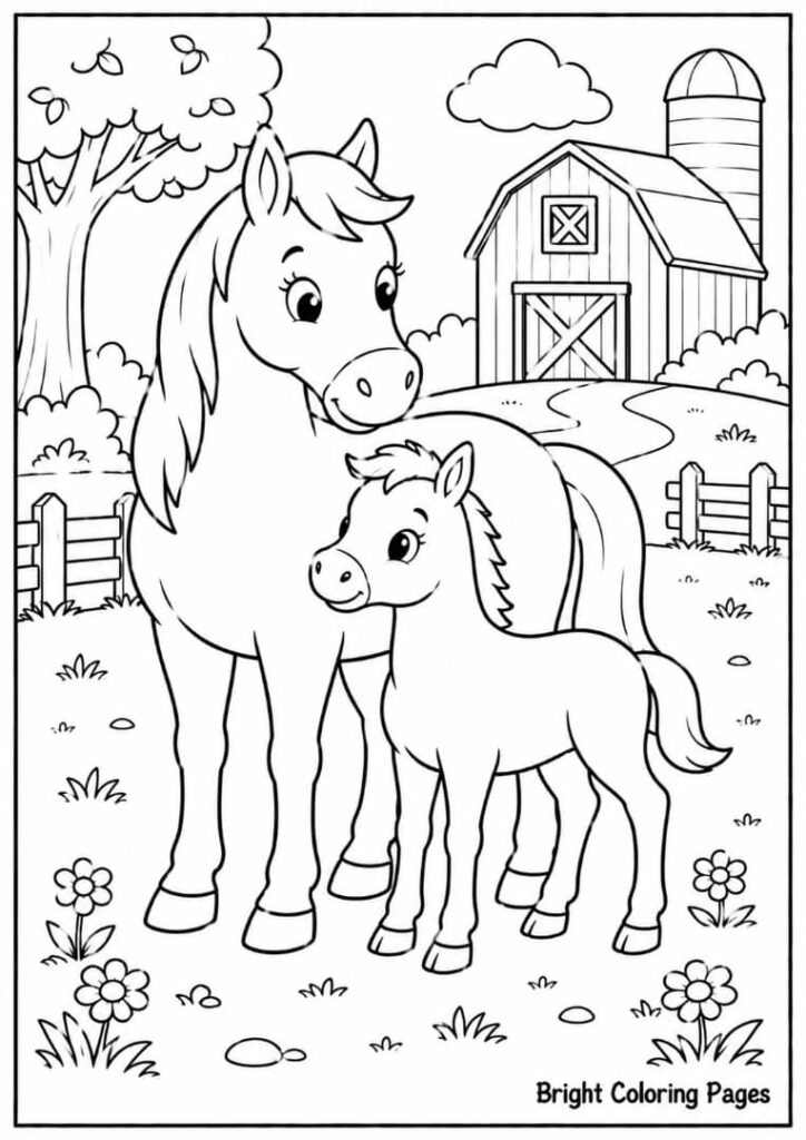 Horse and Foal – A mother horse with her baby free coloring page