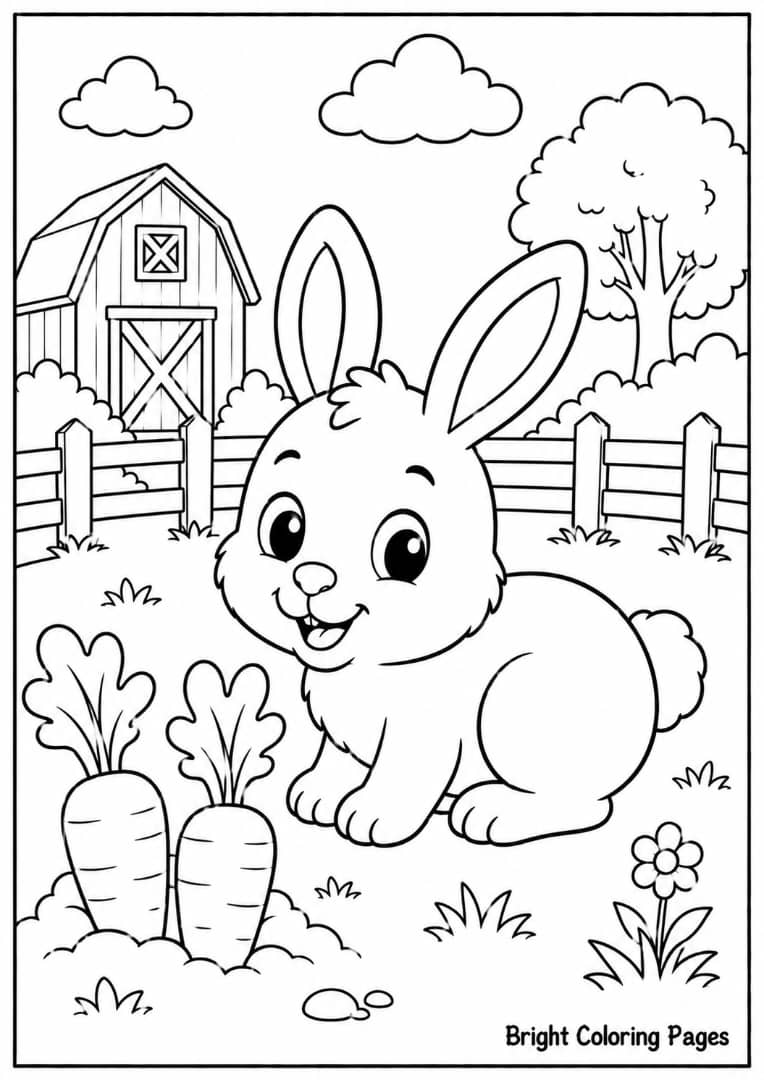 Bunny on the Farm – A small rabbit hopping near carrots.