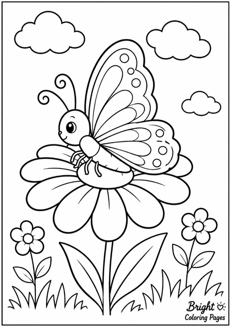 tA butterfly resting on a flower with a few clouds in the background, easy coloring sheet for kids
