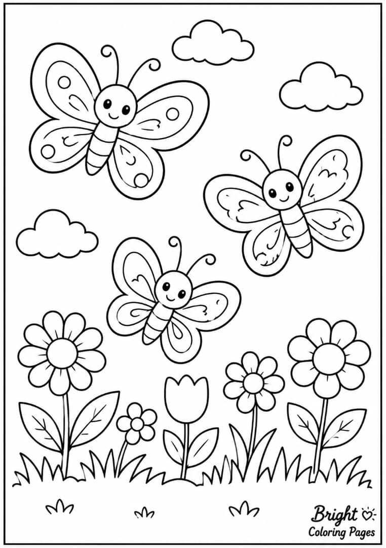 Three cute butterflies flying over a small garden, simple coloring page for children