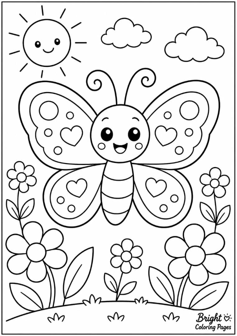 Smiling butterfly coloring pages for kids 