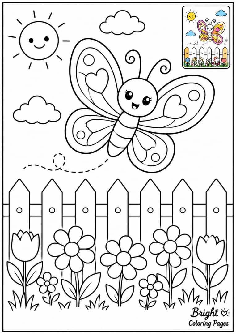A butterfly flying above a garden fence with flowers below