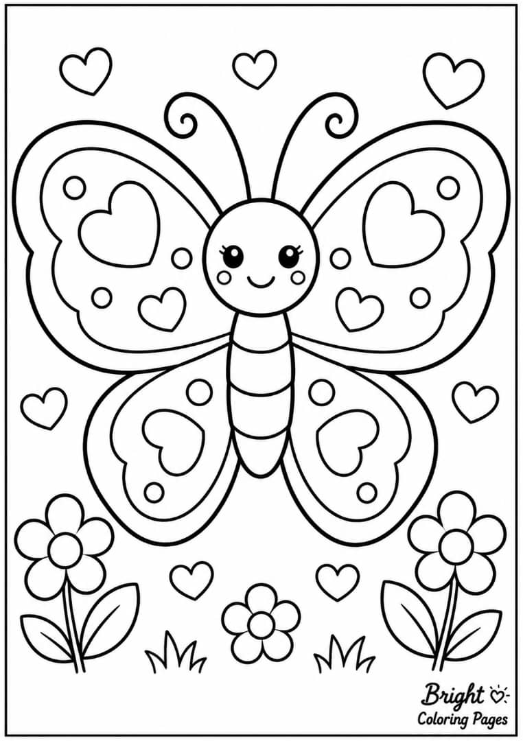 A large butterfly with heart patterns on its wings, kid-friendly coloring page,