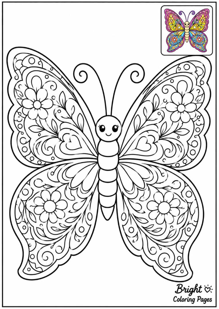A detailed butterfly wing pattern coloring page for older kids, 
