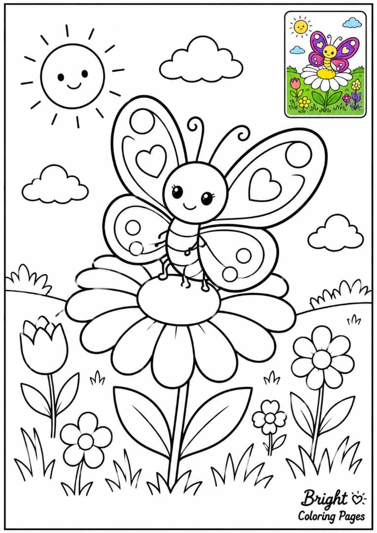 A butterfly sitting on a daisy in a meadow, simple line art for children