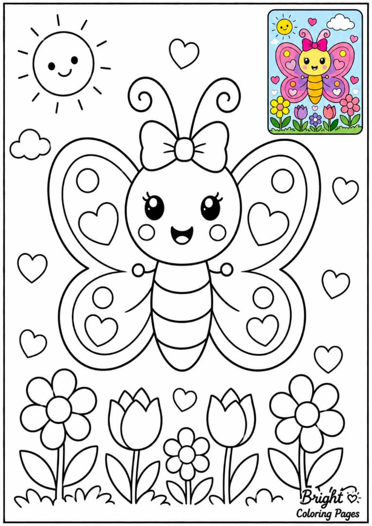 A butterfly with a bow on its head, cute cartoon style, simple coloring page for preschool kids