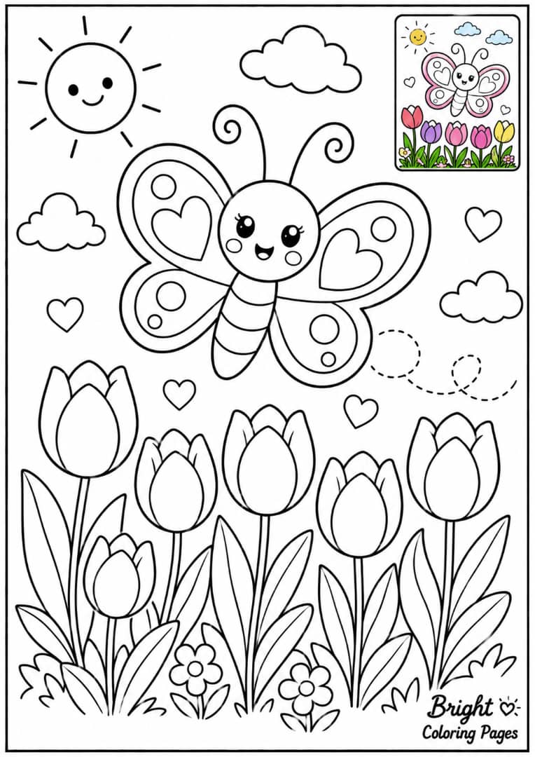A whimsical butterfly floating above a patch of tulips, children's coloring page