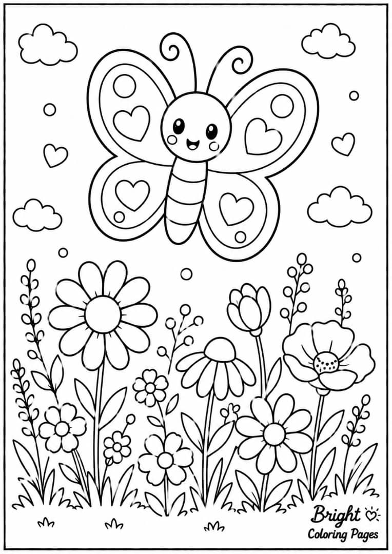 A cute butterfly floating above a field of wildflowers, children's coloring page