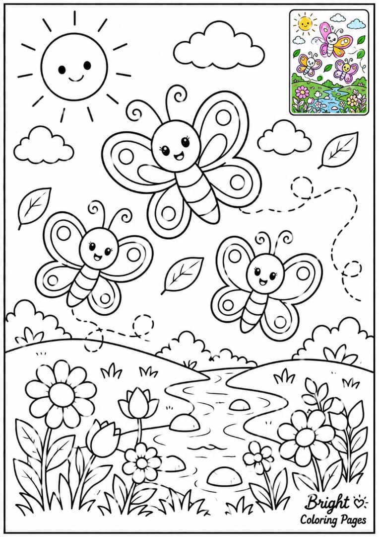 A peaceful nature scene with butterflies, leaves, flowers, and a sun, coloring page for kids