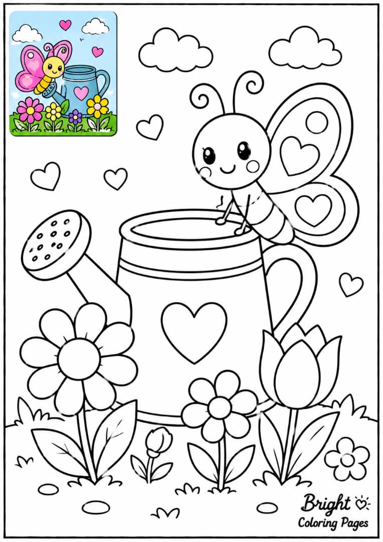 A butterfly sitting beside a watering can and flowers, cute garden coloring page for kids