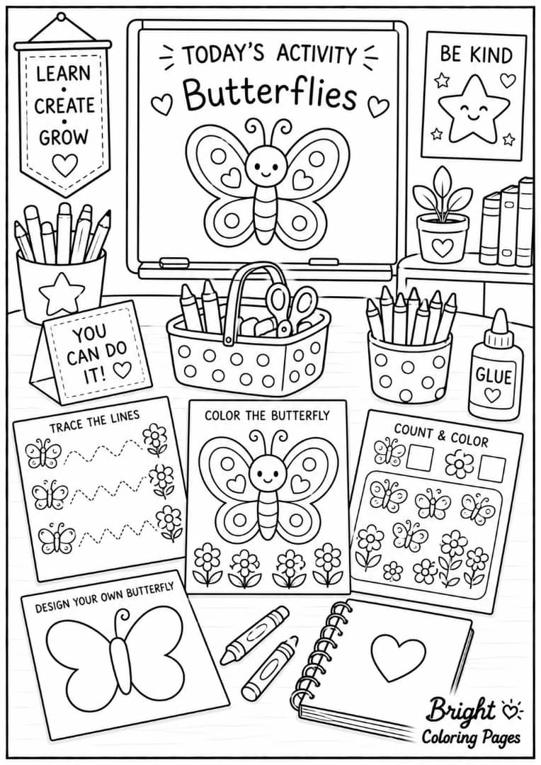 A classroom-inspired butterfly activity scene with crayons, worksheets, and child-friendly art supplies