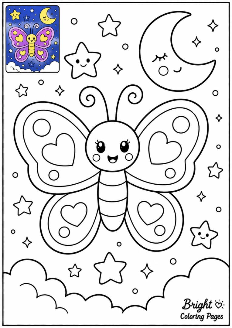 A butterfly with moon and stars around it, dreamy kids coloring page