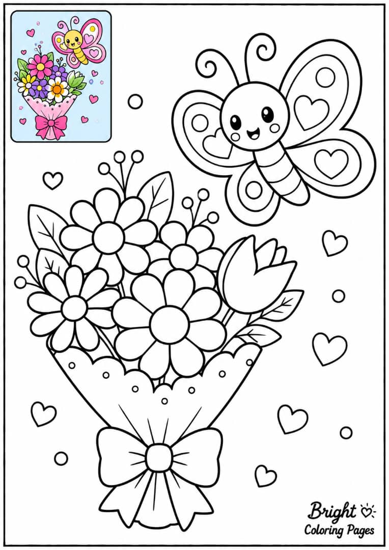 A butterfly hovering near a flower bouquet, easy coloring page for young children
