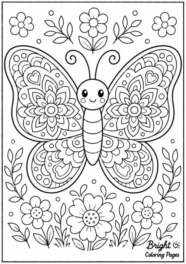 A beautiful butterfly with symmetrical mandala-inspired wing patterns for kids