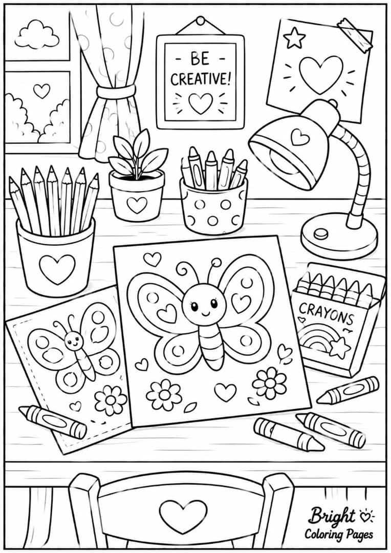 A child's coloring table with crayons, colored pencils, butterfly coloring pages