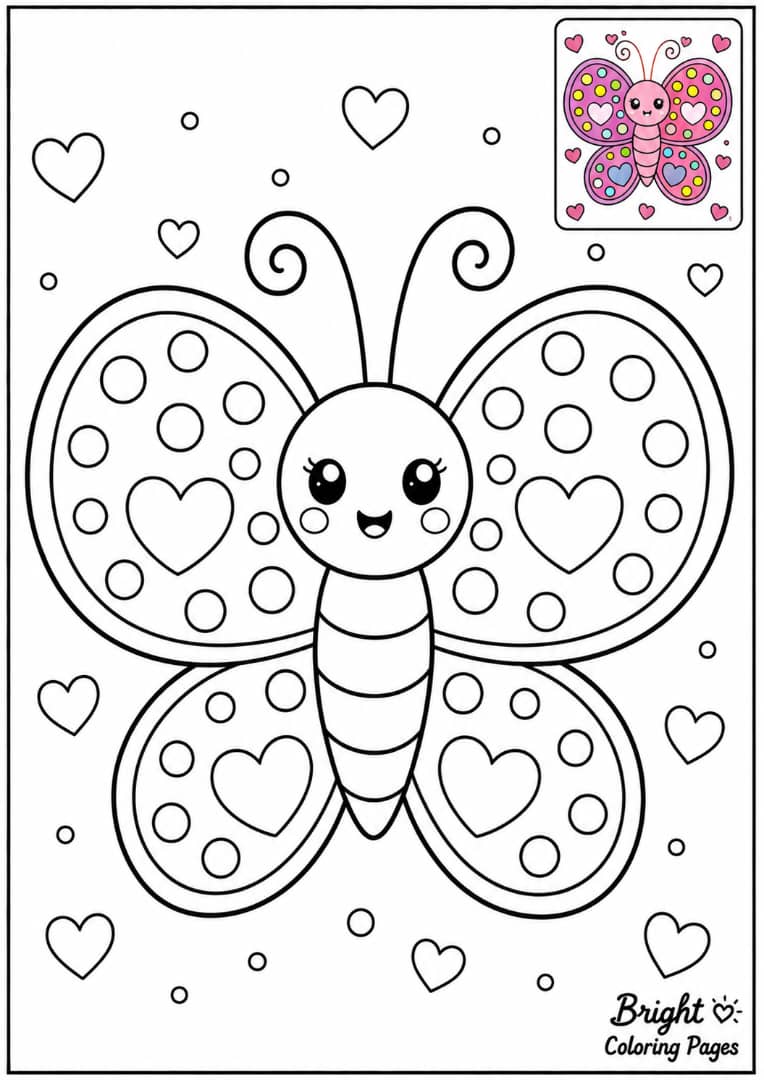 A butterfly with polka dot wings and tiny hearts, adorable coloring sheet for children