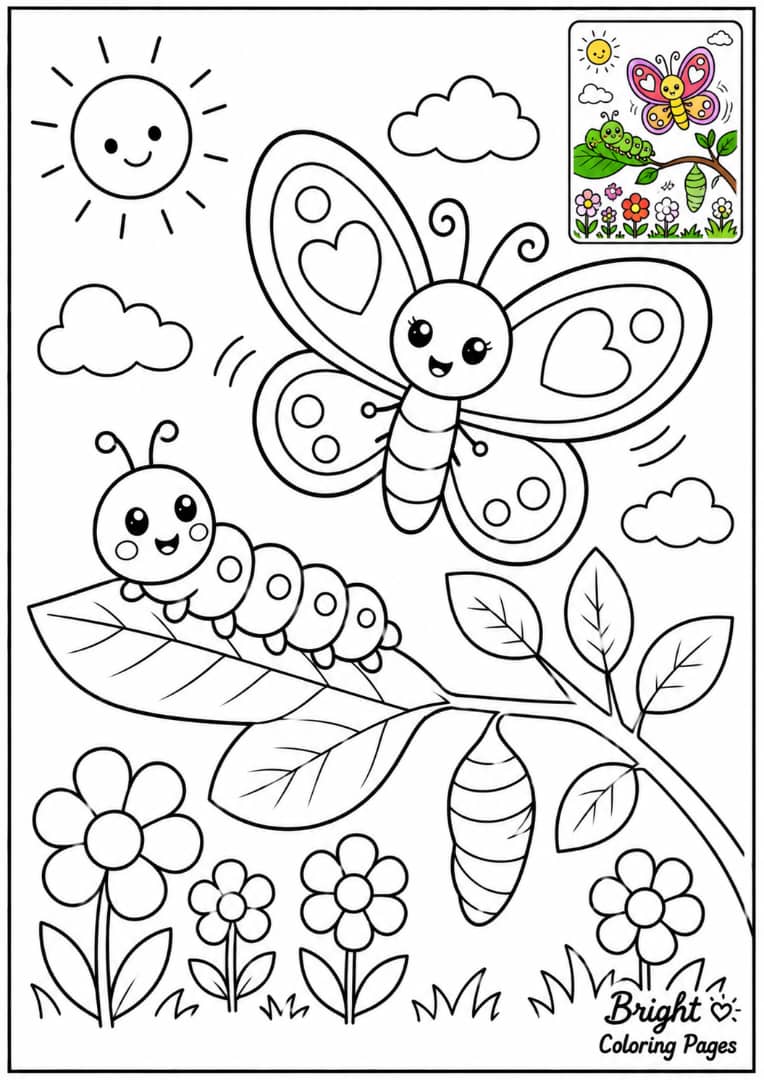 A butterfly and caterpillar nature theme coloring page, educational kids illustration,