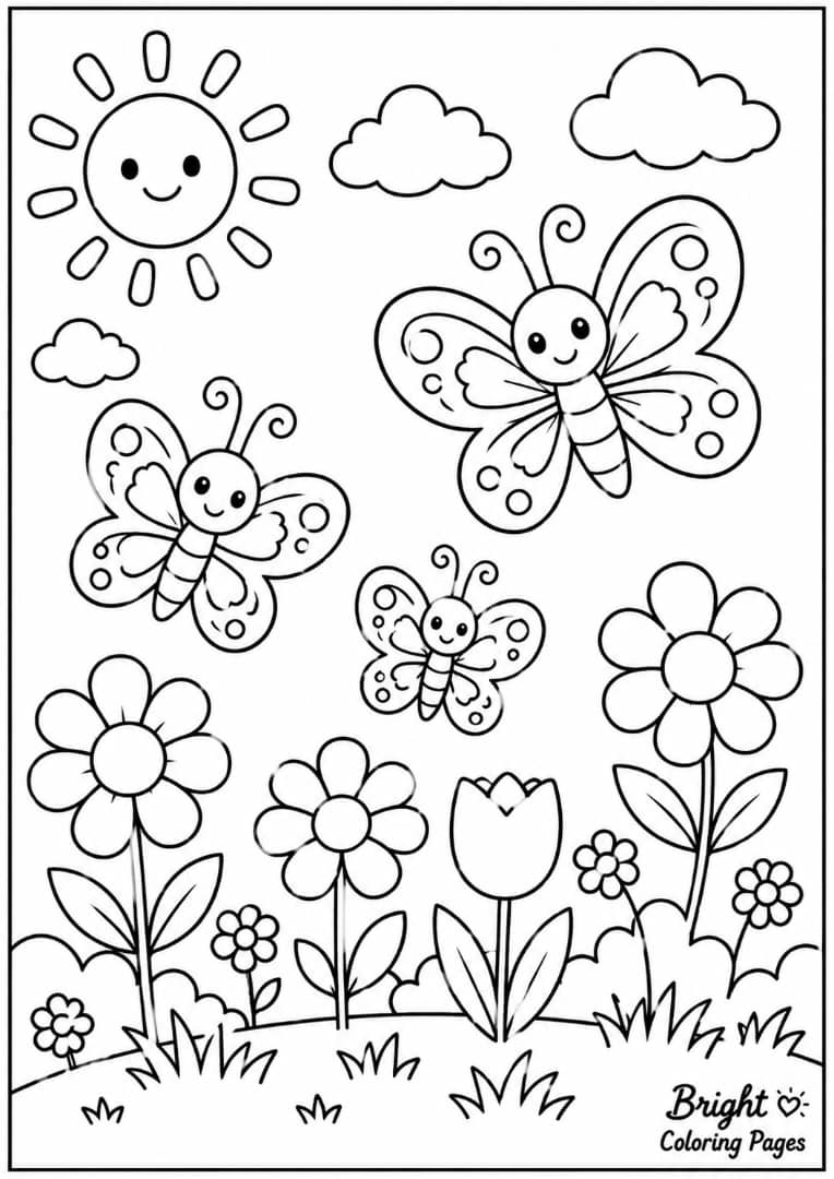 A spring garden scene with butterflies, flowers, grass, and sunshine, children's coloring page