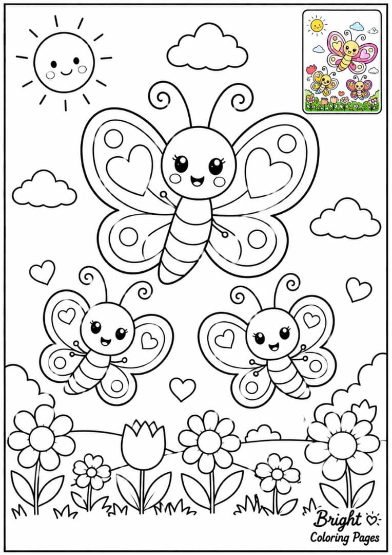 A happy butterfly family scene with a parent butterfly and two baby butterflies, cute coloring page for kids