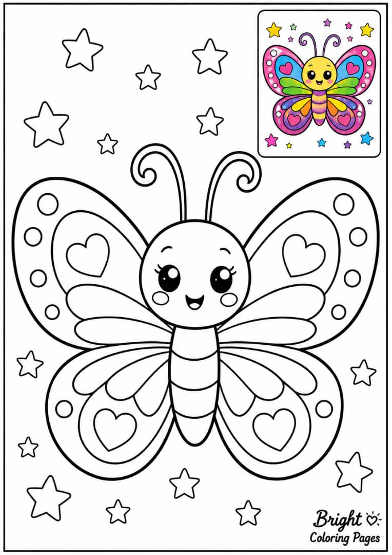 A cute cartoon butterfly with a happy face and tiny stars around it, preschool coloring page
