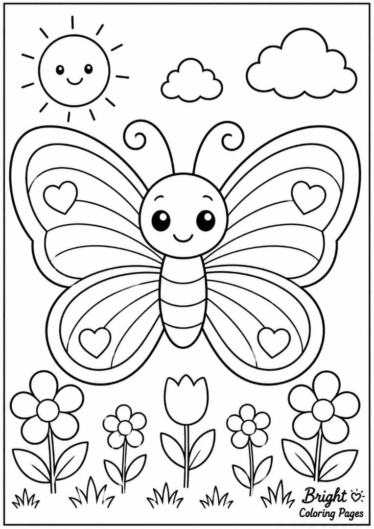 A butterfly with rainbow wing sections, simple coloring page for kids