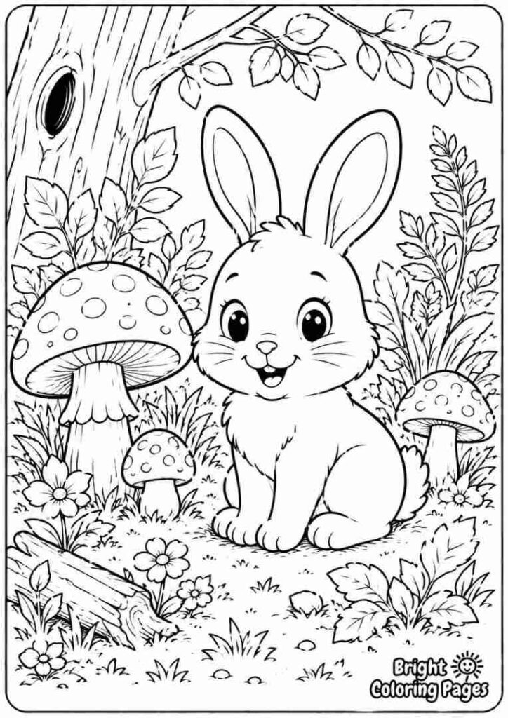 A sweet woodland page with a rabbit near mushrooms and forest plants.