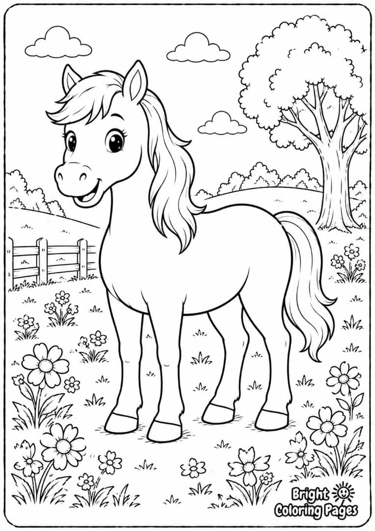 A friendly horse standing in a grassy field with flowers around it.