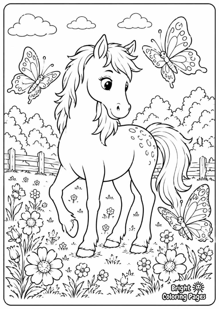 Horse and Butterfly Scene free coloring page for kids