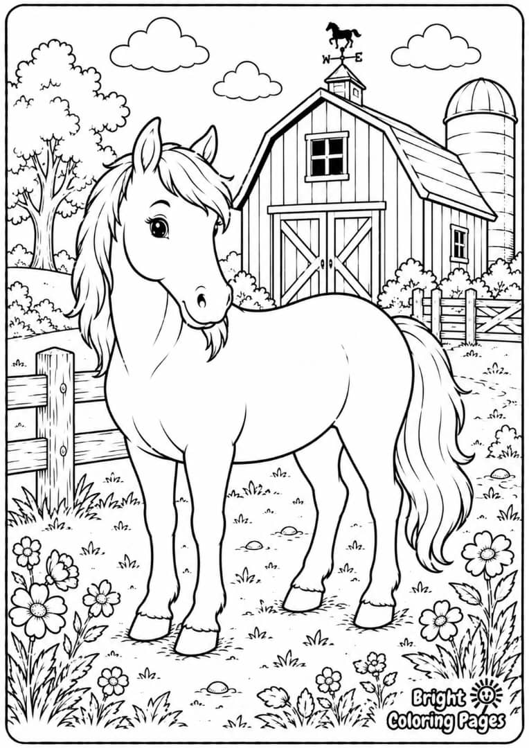 Horse by a Barn free printable coloring pages