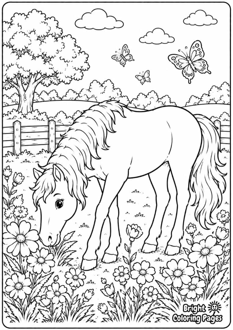 Horse and Flowers - A horse surrounded by blossoms, leaves, and grass