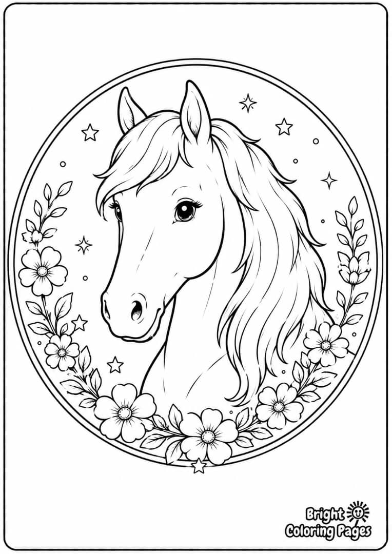 Horse in a Circle Frame Free coloring page for children