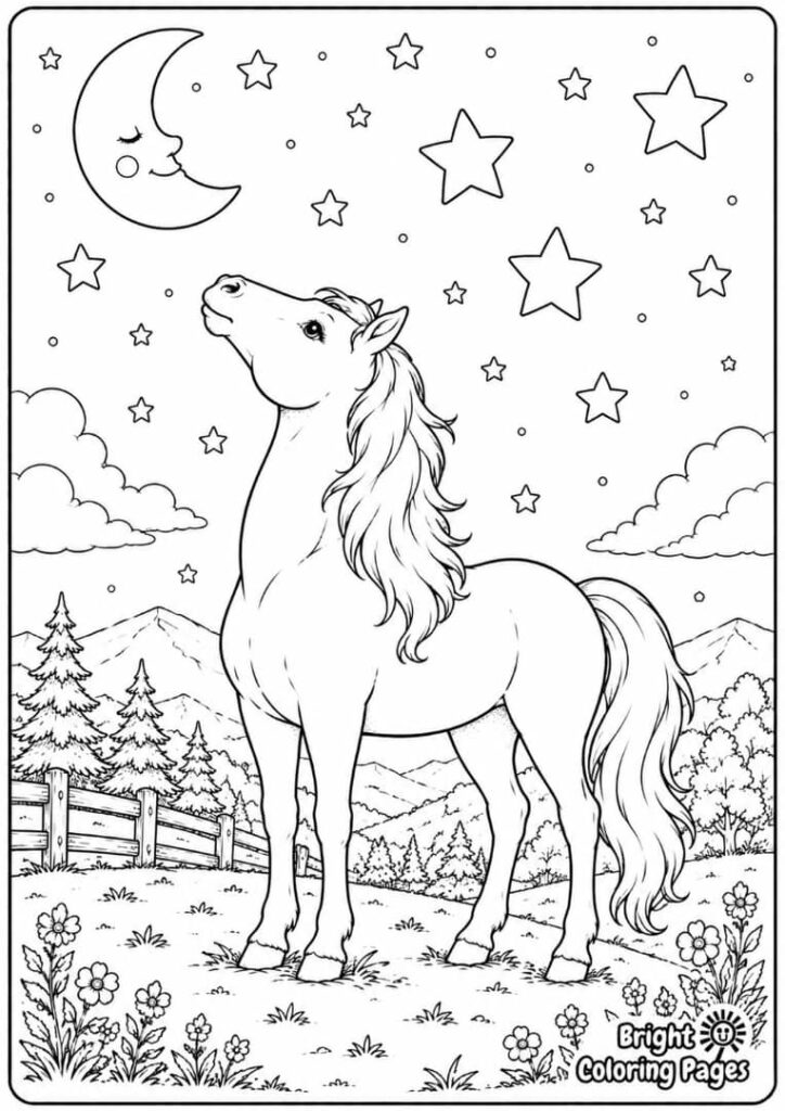 Horse and Stars coloring page for kids