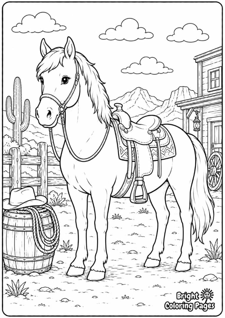 Horse with Saddle free coloring page for kids