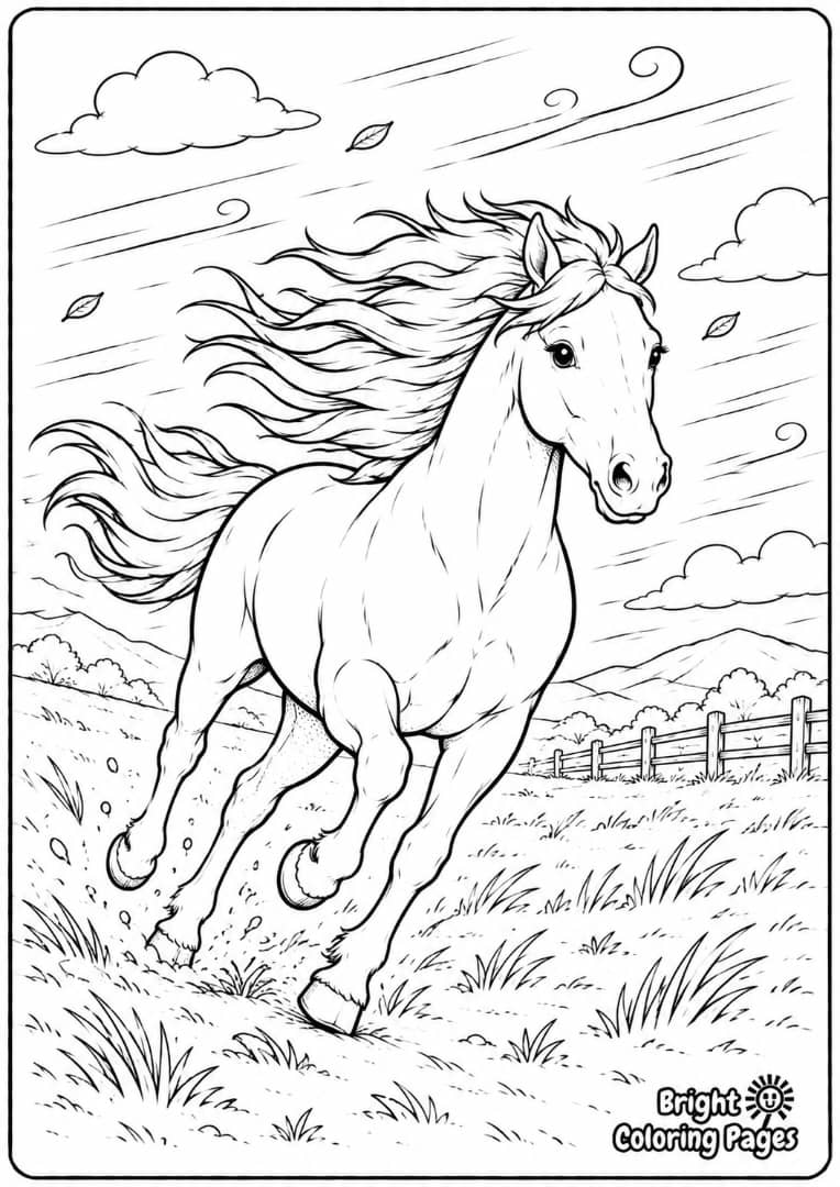 Horse Running Through the Wind free Coloring Page for kids