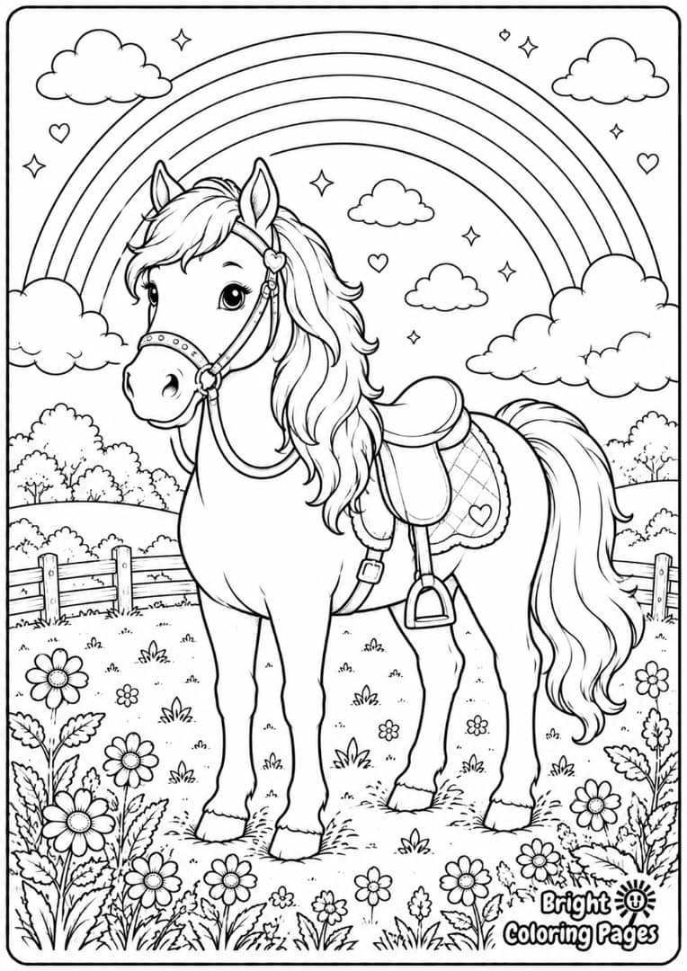 Horse in a Rainbow Field coloring page