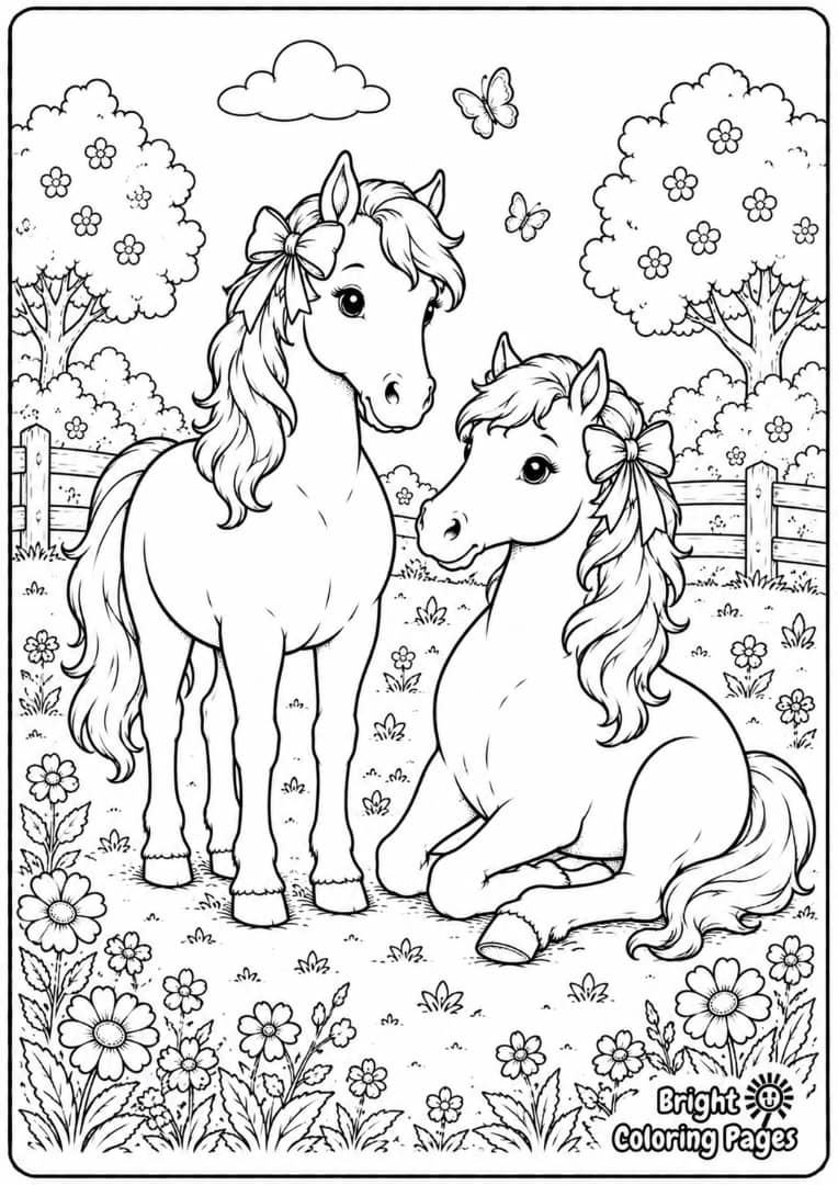 Horse with a Ribbon Mane Free Printable coloring page for kids