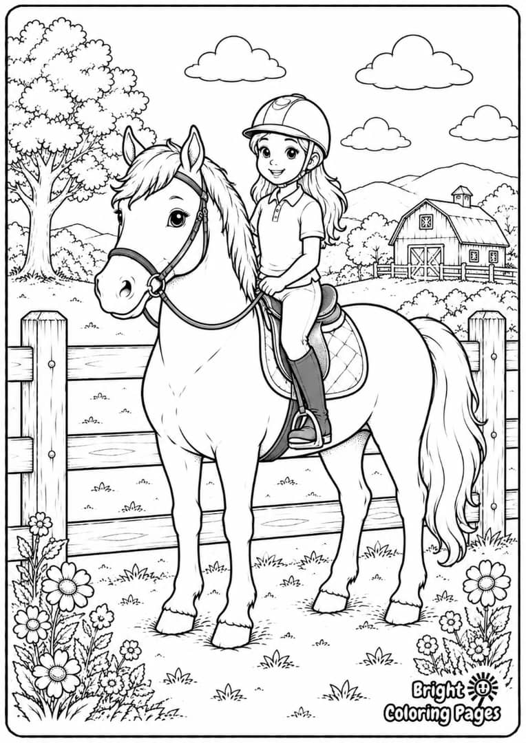 Horse and Rider beside Fence coloring page