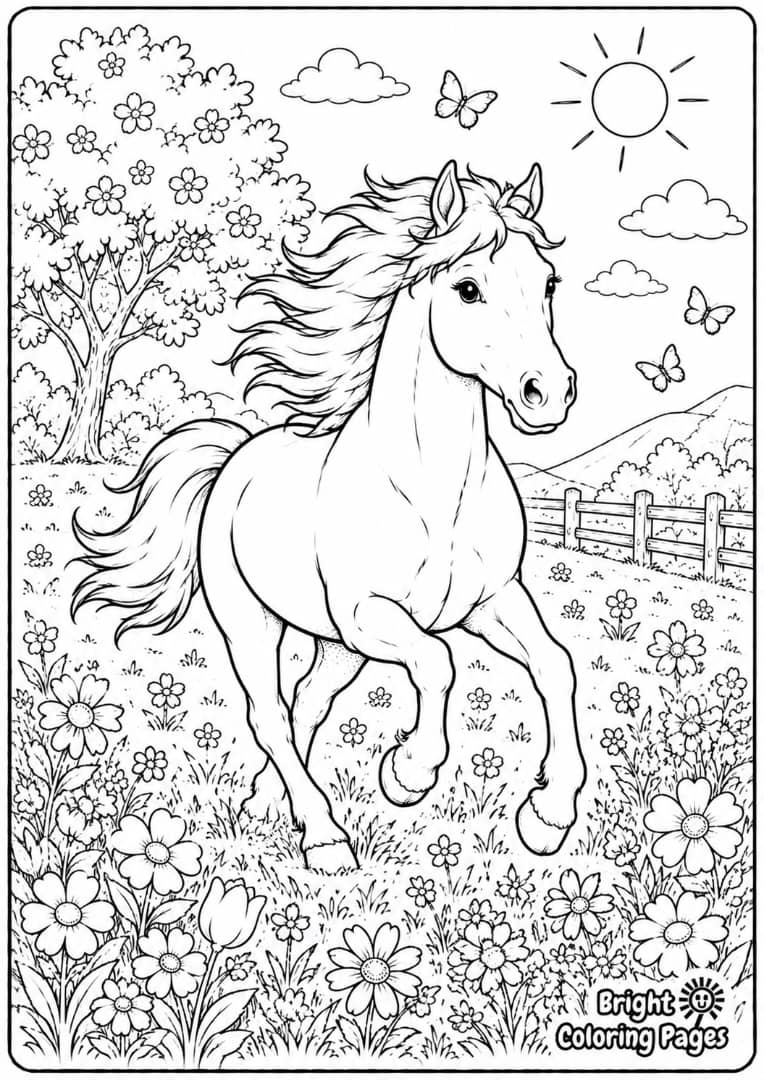 Horse in a Spring Meadow Coloring Page