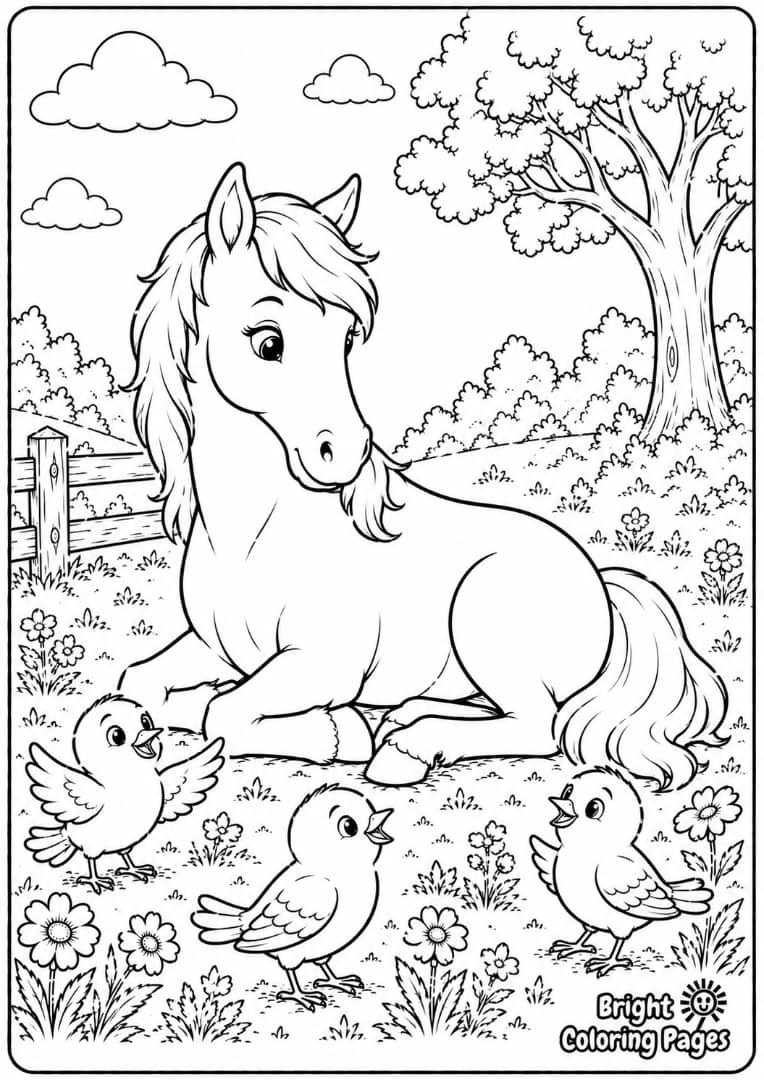Horse and Birds free printable coloring pages