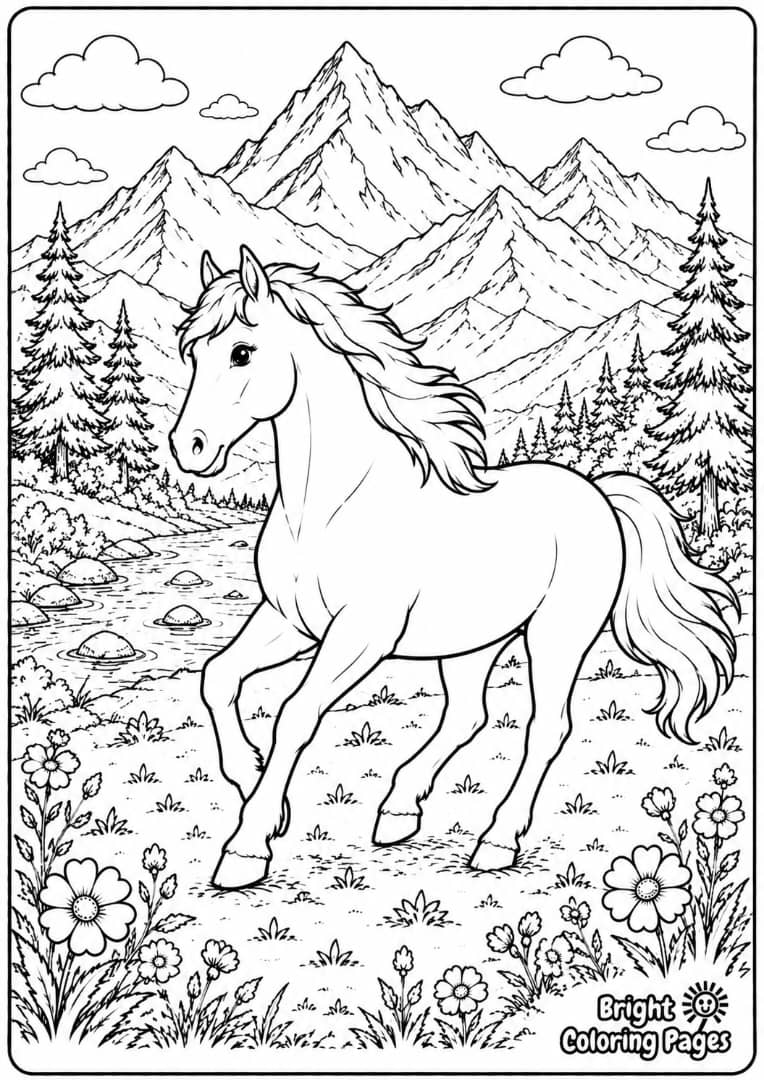 Horse in a Mountain Scene Free coloring page