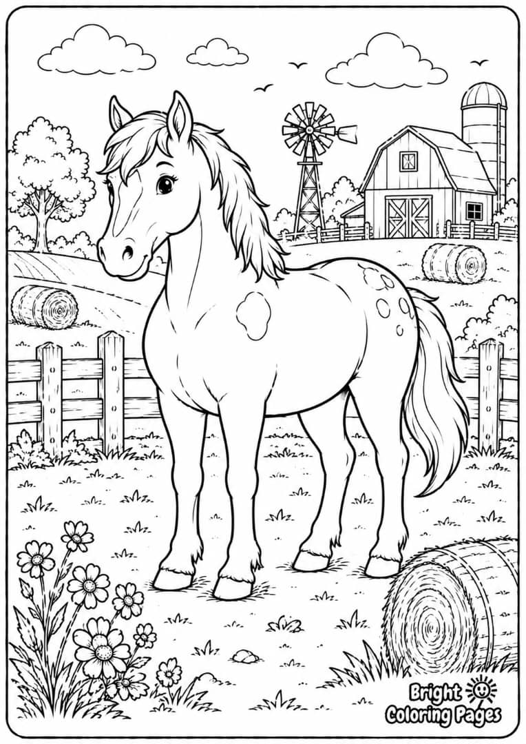 Horse in a Farm Field Free Printable coloring page - A country-style horse scene with fences, hay, and open land.